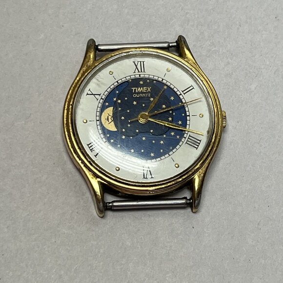 Vintage Timex Quartz Moon Phase Mens Watch Gold Case & Blue Dial NEW batt WORKS - Picture 1 of 7